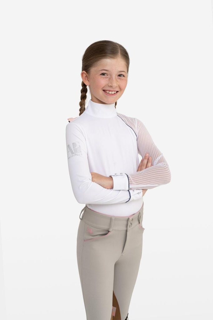 [20020200106WP] Junior Lollipop Long Sleeve Show Shirt (XS, White with Pink Piping)
